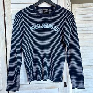 Ralph Lauren Polo Jeans Knit Sweater Ribbed Striped Logo Blue XS S Navy Blue